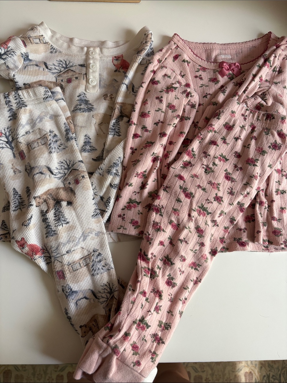 Gymboree Pink Floral and Cream Winter Scene Thermal Pajama Set